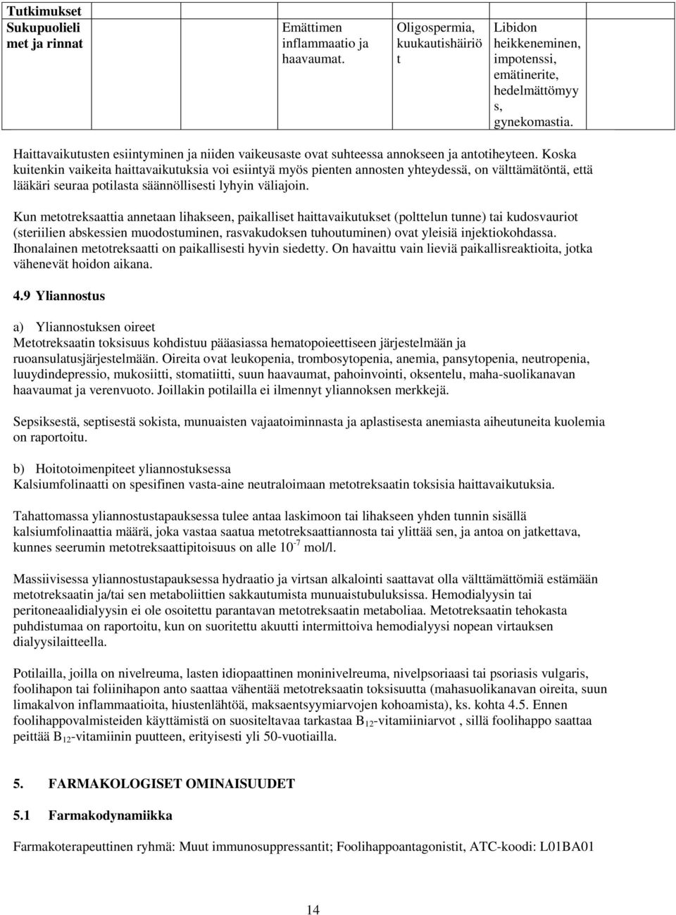 Koska kuitenkin vaikeita haittavaikutuksia voi esiintyä myös pienten annosten yhteydessä, on välttämätöntä, että lääkäri seuraa potilasta säännöllisesti lyhyin väliajoin.