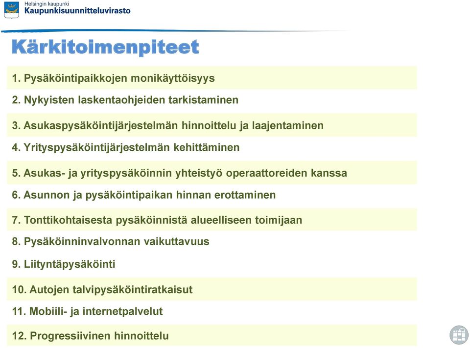 Asukas- ja yrityspysäköinnin yhteistyö operaattoreiden kanssa 6. Asunnon ja pysäköintipaikan hinnan erottaminen 7.