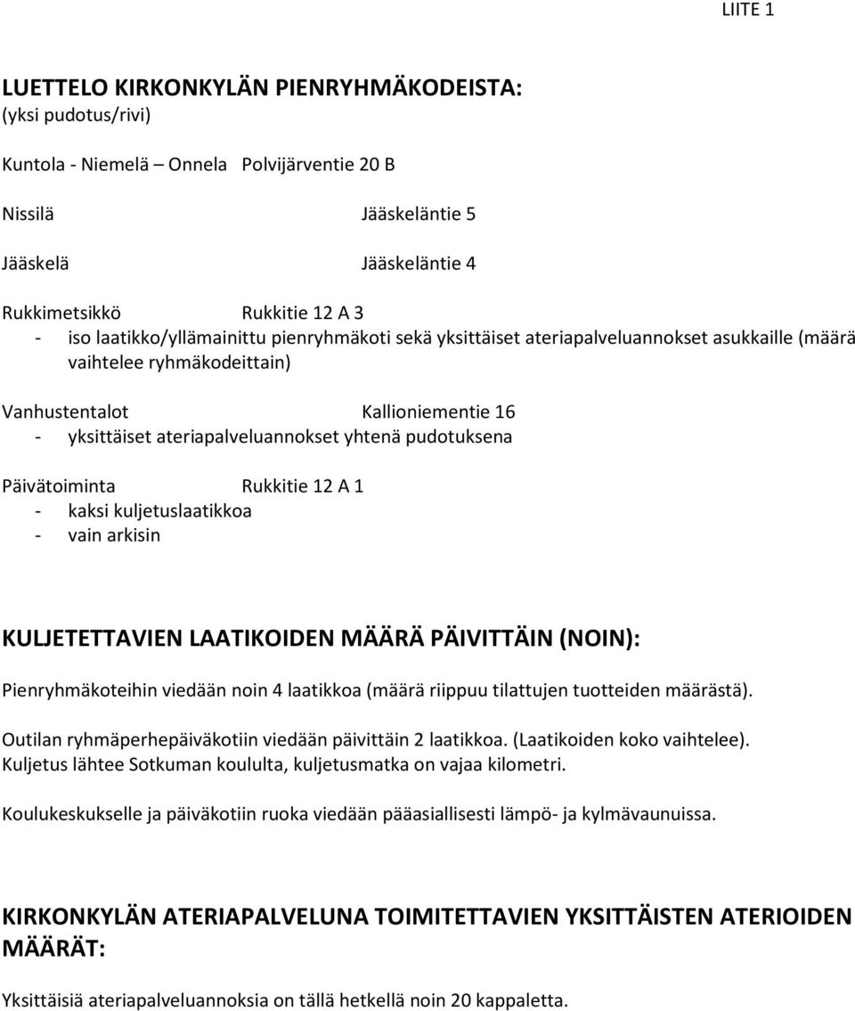 pudotuksena Päivätoiminta Rukkitie 12 A 1 - kaksi kuljetuslaatikkoa - vain arkisin KULJETETTAVIEN LAATIKOIDEN MÄÄRÄ PÄIVITTÄIN (NOIN): Pienryhmäkoteihin viedään noin 4 laatikkoa (määrä riippuu