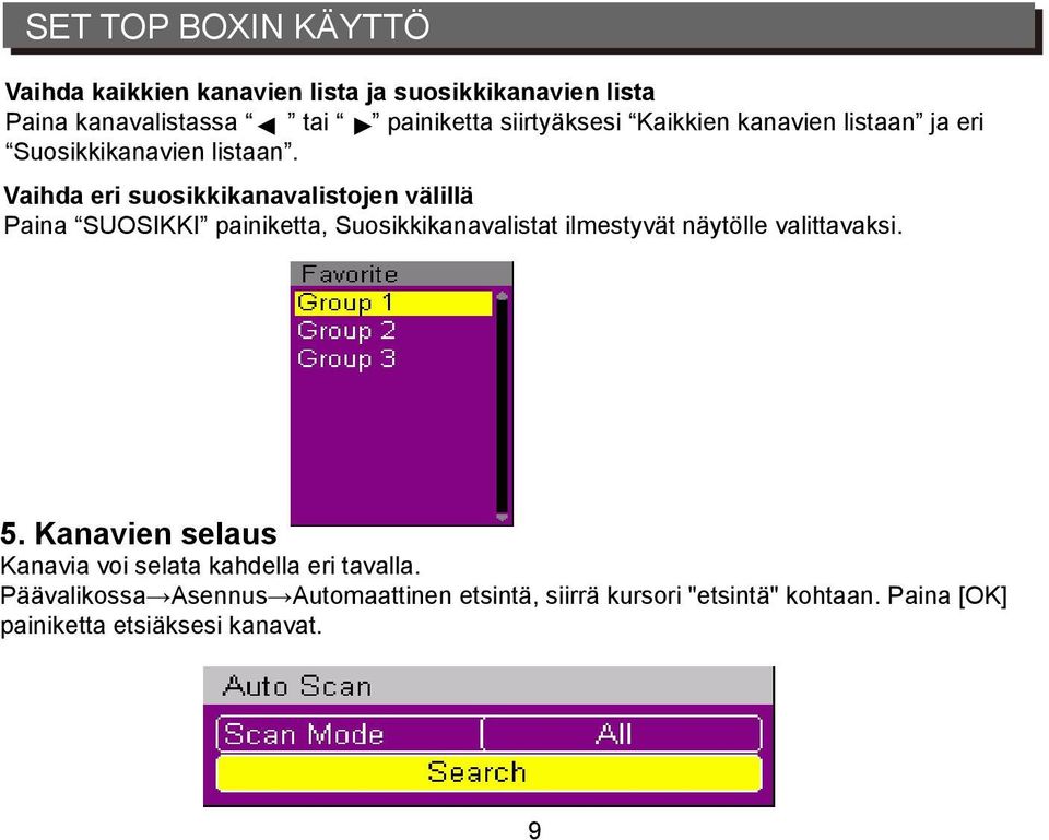 Vaihda eri suosikkikanavalistojen välillä Paina SUOSIKKI painiketta, Suosikkikanavalistat ilmestyvät näytölle valittavaksi.