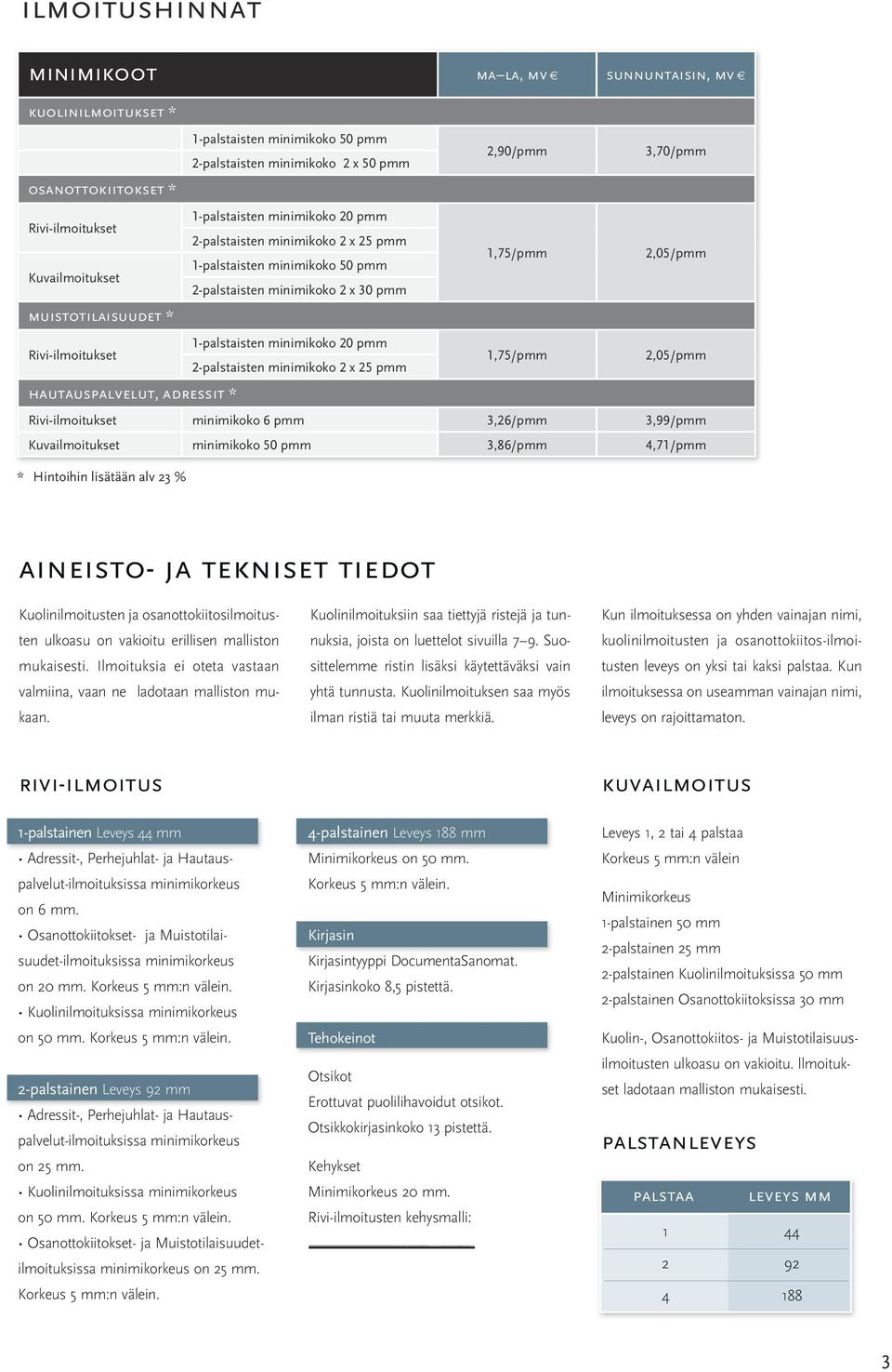 Rivi-ilmoitukset 1-palstaisten minimikoko 20 pmm 2-palstaisten minimikoko 2 x 25 pmm 1,75/pmm 2,05/pmm hautauspalvelut, adressit * Rivi-ilmoitukset minimikoko 6 pmm 3,26/pmm 3,99/pmm Kuvailmoitukset