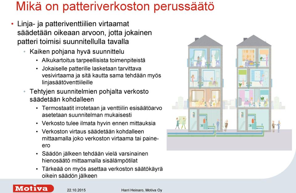 verkosto säädetään kohdalleen Termostaatit irrotetaan ja venttiilin esisäätöarvo asetetaan suunnitelman mukaisesti Verkosto tulee ilmata hyvin ennen mittauksia Verkoston virtaus säädetään