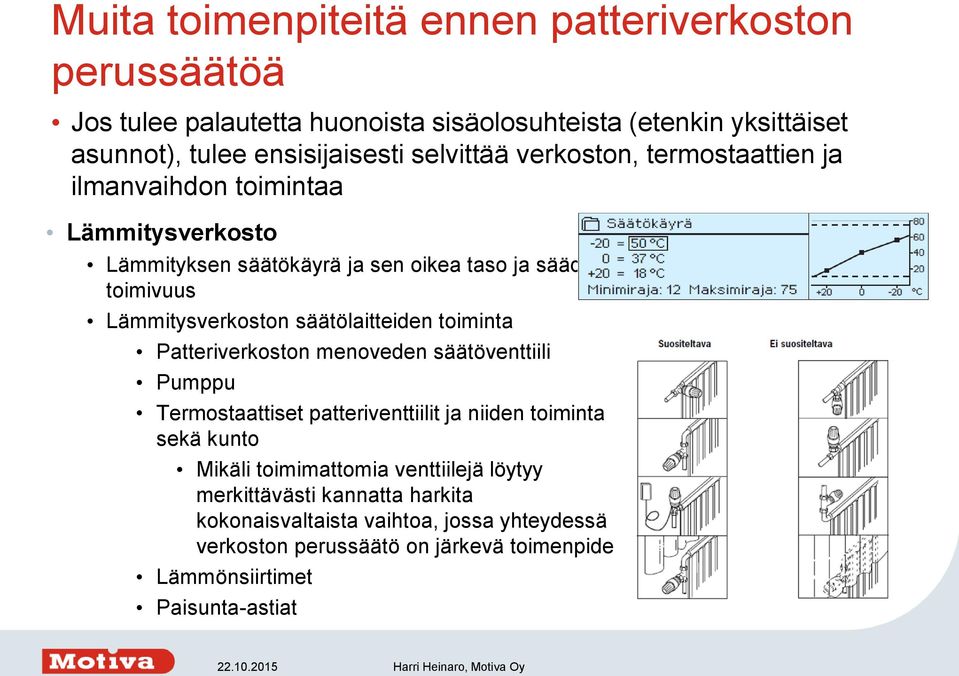 säätölaitteiden toiminta Patteriverkoston menoveden säätöventtiili Pumppu Termostaattiset patteriventtiilit ja niiden toiminta sekä kunto Mikäli toimimattomia