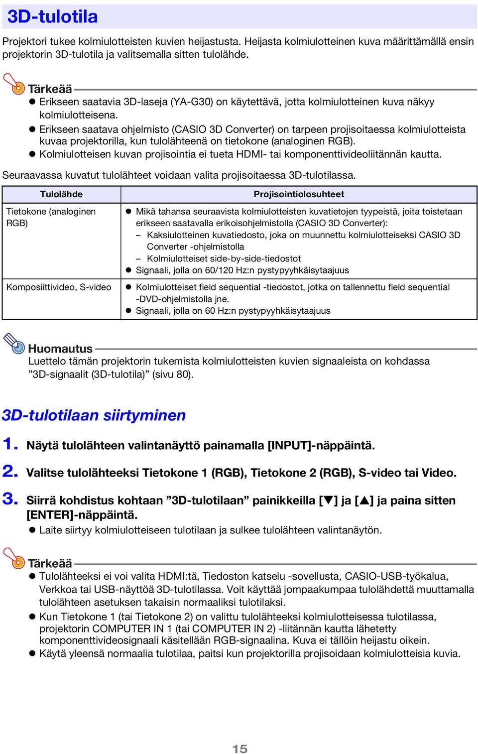 Erikseen saatava ohjelmisto (CASIO 3D Converter) on tarpeen projisoitaessa kolmiulotteista kuvaa projektorilla, kun tulolähteenä on tietokone (analoginen RGB).