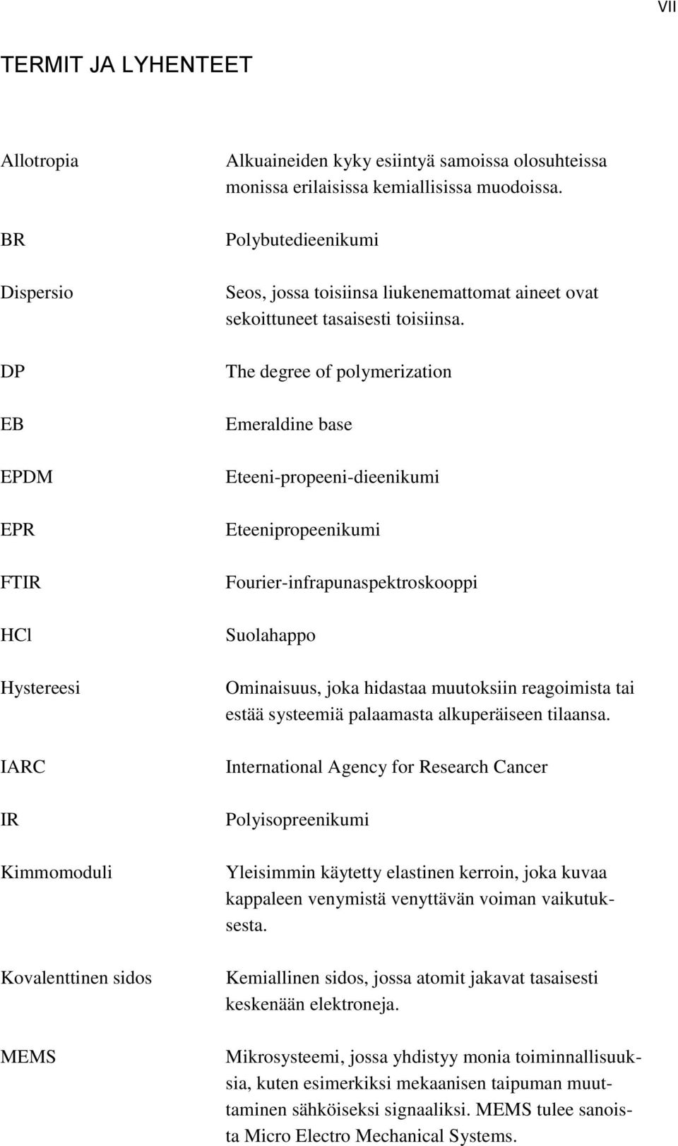 The degree of polymerization Emeraldine base Eteeni-propeeni-dieenikumi Eteenipropeenikumi Fourier-infrapunaspektroskooppi Suolahappo Ominaisuus, joka hidastaa muutoksiin reagoimista tai estää