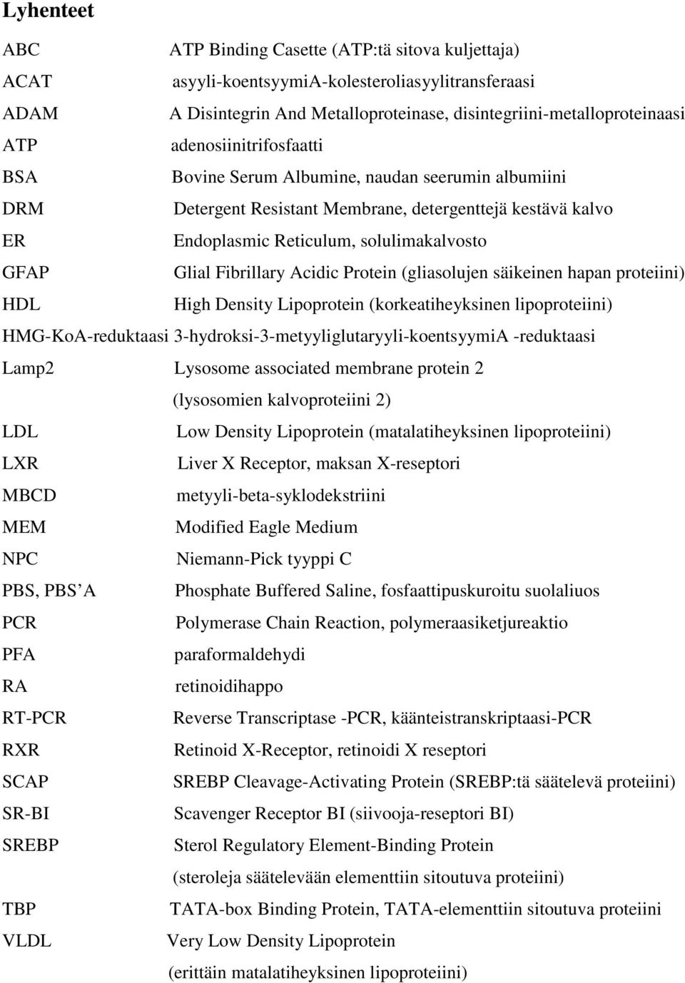 Fibrillary Acidic Protein (gliasolujen säikeinen hapan proteiini) HDL High Density Lipoprotein (korkeatiheyksinen lipoproteiini) HMG-KoA-reduktaasi 3-hydroksi-3-metyyliglutaryyli-koentsyymiA