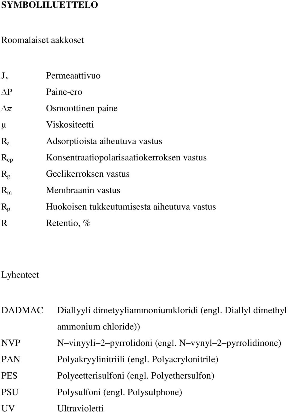 Lyhenteet DADMAC NVP PAN PES PSU UV Diallyyli dimetyyliammoniumkloridi (engl. Diallyl dimethyl ammonium chloride)) N vinyyli 2 pyrrolidoni (engl.