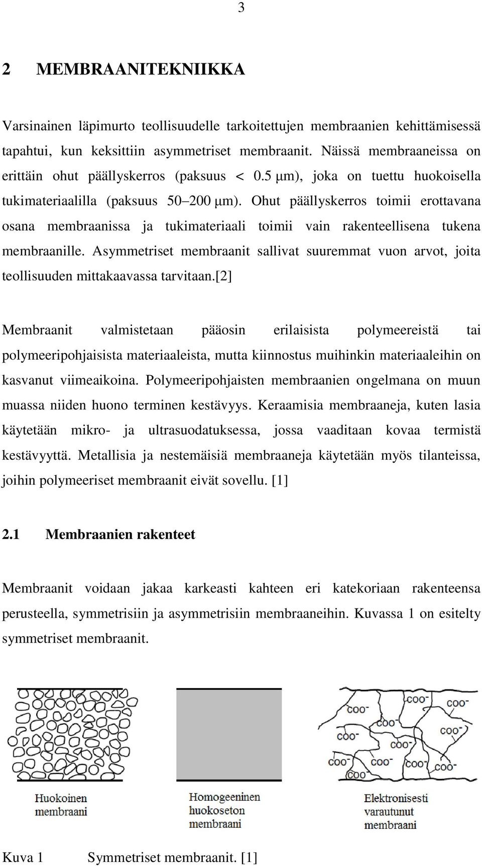 Ohut päällyskerros toimii erottavana osana membraanissa ja tukimateriaali toimii vain rakenteellisena tukena membraanille.
