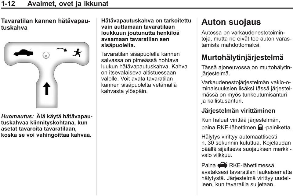 Tavaratilan sisäpuolella kannen salvassa on pimeässä hohtava luukun hätävapautuskahva. Kahva on itsevalaiseva altistuessaan valolle.