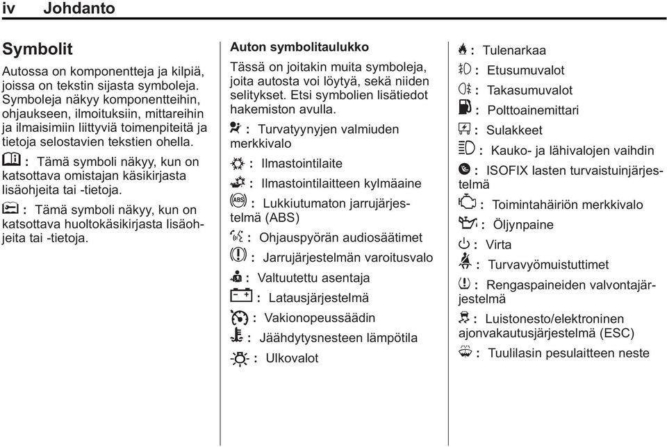 M : Tämä symboli näkyy, kun on katsottava omistajan käsikirjasta lisäohjeita tai -tietoja. * : Tämä symboli näkyy, kun on katsottava huoltokäsikirjasta lisäohjeita tai -tietoja.