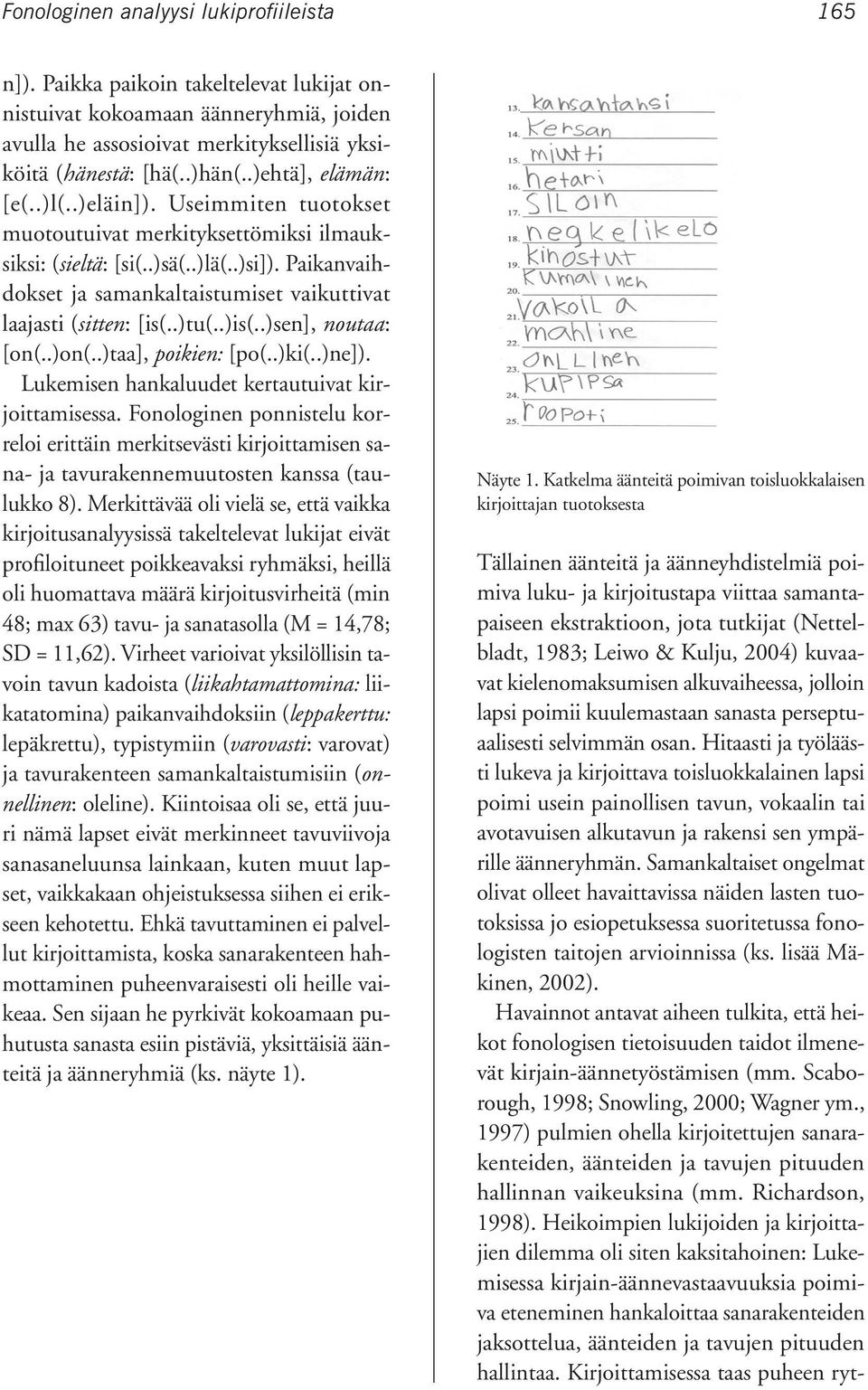 Paikanvaihdokset ja samankaltaistumiset vaikuttivat laajasti (sitten: [is(..)tu(..)is(..)sen], noutaa: [on(..)on(..)taa], poikien: [po(..)ki(..)ne]).