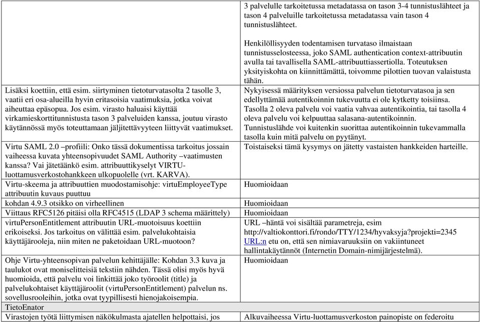 virasto haluaisi käyttää virkamieskorttitunnistusta tason 3 palveluiden kanssa, joutuu virasto käytännössä myös toteuttamaan jäljitettävyyteen liittyvät vaatimukset. Virtu SAML 2.