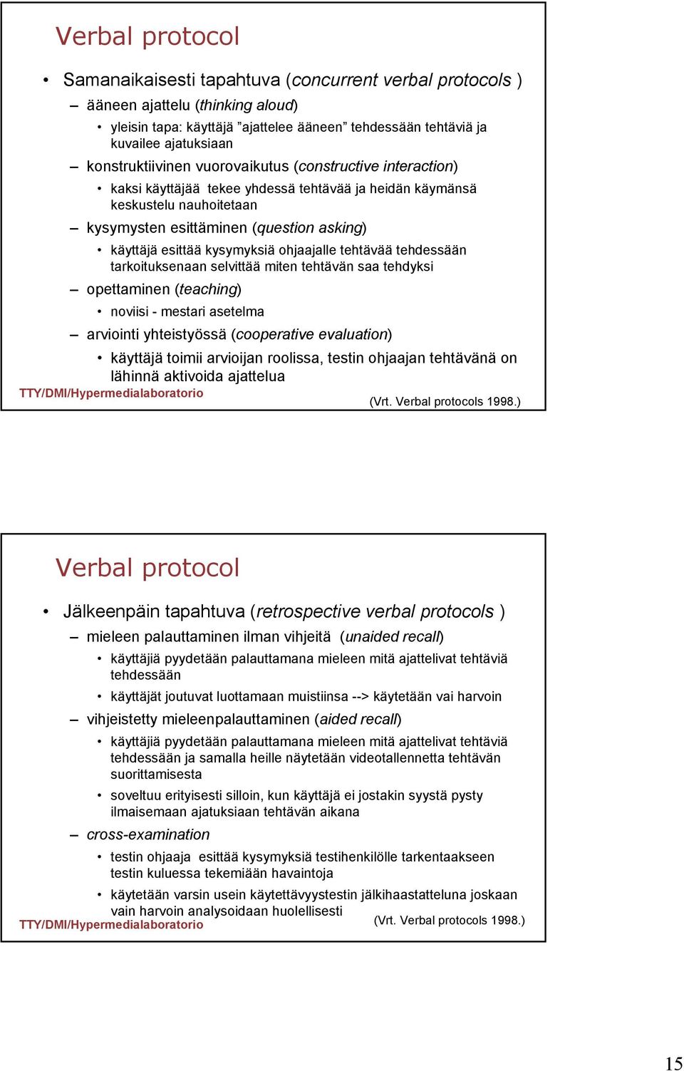 kysymyksiä ohjaajalle tehtävää tehdessään tarkoituksenaan selvittää miten tehtävän saa tehdyksi opettaminen (teaching) noviisi - mestari asetelma arviointi yhteistyössä (cooperative evaluation)