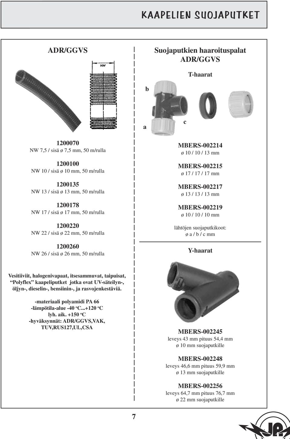 MBERS-002217 ø 13 / 13 / 13 mm MBERS-002219 ø 10 / 10 / 10 mm lähtöjen suojaputkikoot: ø a / b / c mm Y-haarat Vesitiiviit, halogenivapaat, itsesammuvat, taipuisat, Polyflex kaapeliputket jotka ovat