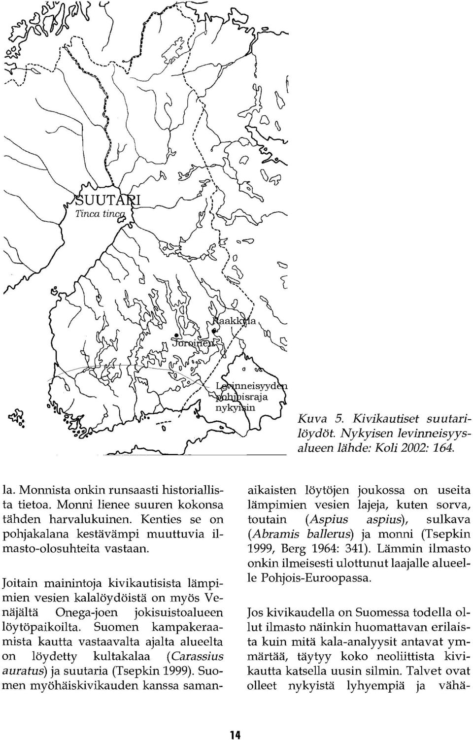 Joitain mainintoja kivikautisista lämpimien vesien kalalöydöistä on myös Venäjältä Onega-joen jokisuistoalueen löytöpaikoilta.