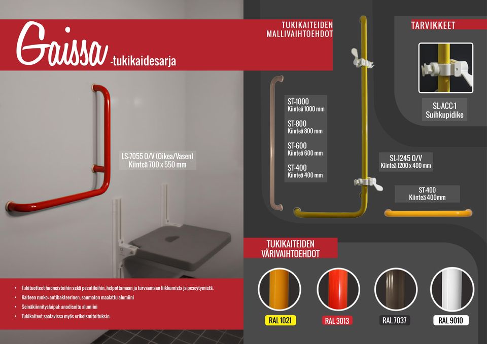 TUKIKAITEIDEN VÄRIVAIHTOEHDOT Tukituotteet huoneistoihin sekä pesutiloihin, helpottamaan ja turvaamaan liikkumista ja peseytymistä.