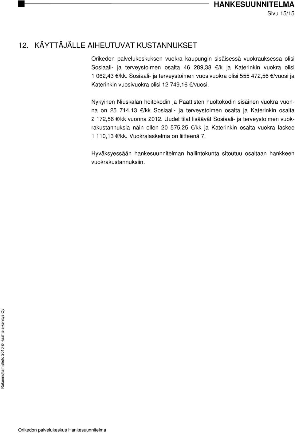 062,43 /kk. Sosiaali- ja terveystoimen vuosivuokra olisi 555 472,56 /vuosi ja Katerinkin vuosivuokra olisi 12 749,16 /vuosi.