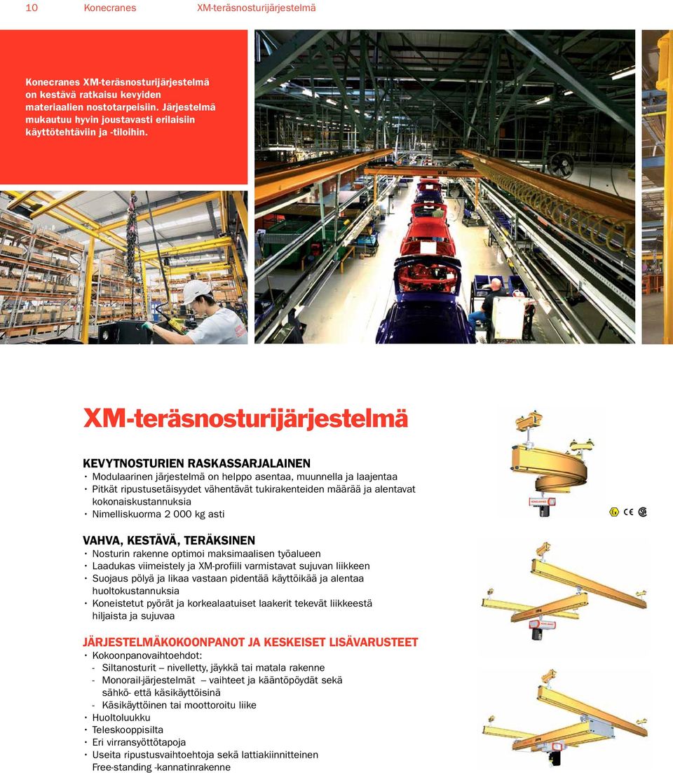 XM-teräsnosturijärjestelmä KEVYTNOSTURIEN RASKASSARJALAINEN Modulaarinen järjestelmä on helppo asentaa, muunnella ja laajentaa Pitkät ripustusetäisyydet vähentävät tukirakenteiden määrää ja alentavat