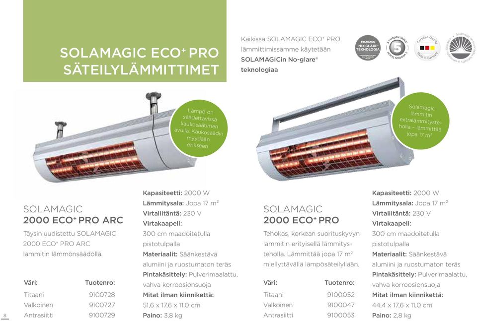 Kaukosäädin myydään erikseen Solamagic lämmitin extralämmitysteholla lämmittää jopa 17 m² 8 2000 ECO + PRO ARC Täysin uudistettu 2000 ECO + PRO ARC lämmitin lämmönsäädöllä.