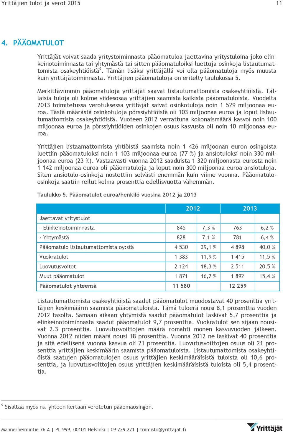 osakeyhtiöistä 9. Tämän lisäksi yrittäjällä voi olla pääomatuloja myös muusta kuin yrittäjätoiminnasta. Yrittäjien pääomatuloja on eritelty taulukossa 5.