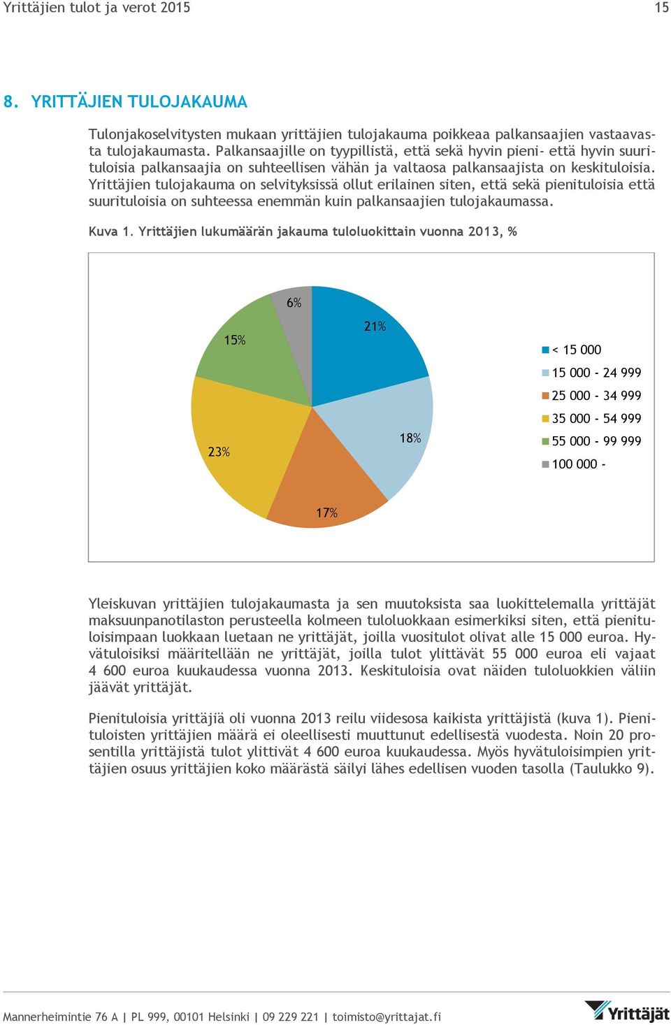 Yrittäjien tulojakauma on selvityksissä ollut erilainen siten, että sekä pienituloisia että suurituloisia on suhteessa enemmän kuin palkansaajien tulojakaumassa. Kuva 1.