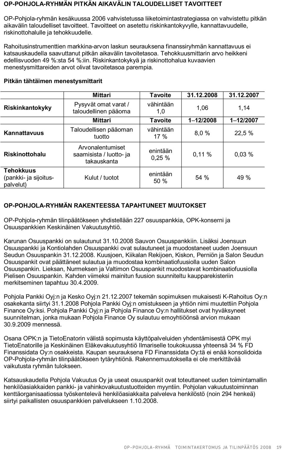 Rahoitusinstrumenttien markkina-arvon laskun seurauksena finanssiryhmän kannattavuus ei katsauskaudella saavuttanut pitkän aikavälin tavoitetasoa.