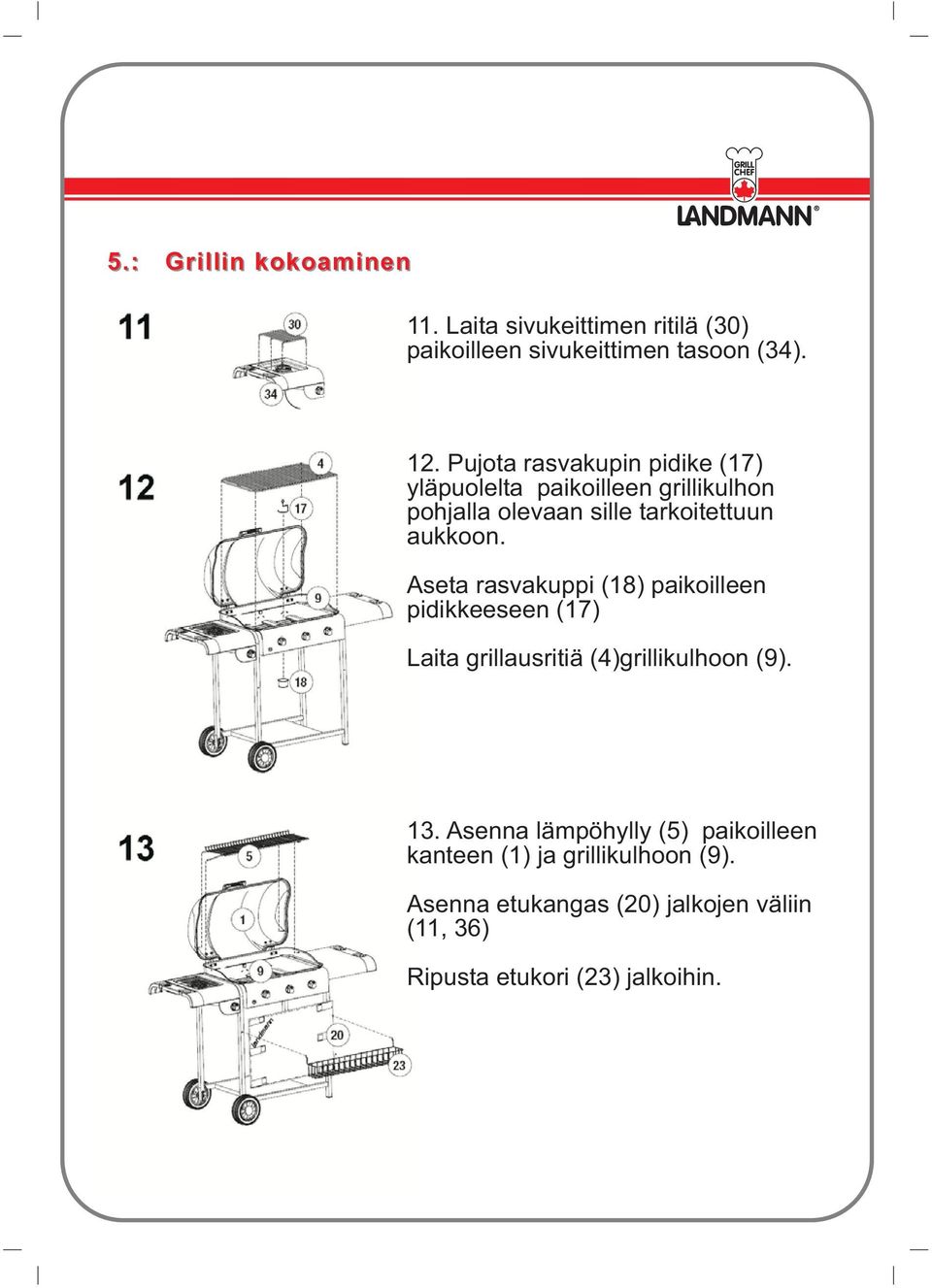 Aseta rasvakuppi (18) paikoilleen pidikkeeseen (17) Laita grillausritiä (4)grillikulhoon (9). 13.