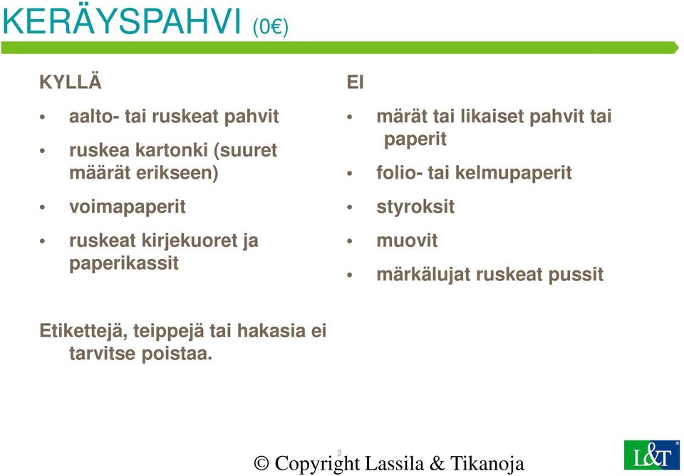 likaiset pahvit tai paperit folio- tai kelmupaperit styroksit muovit