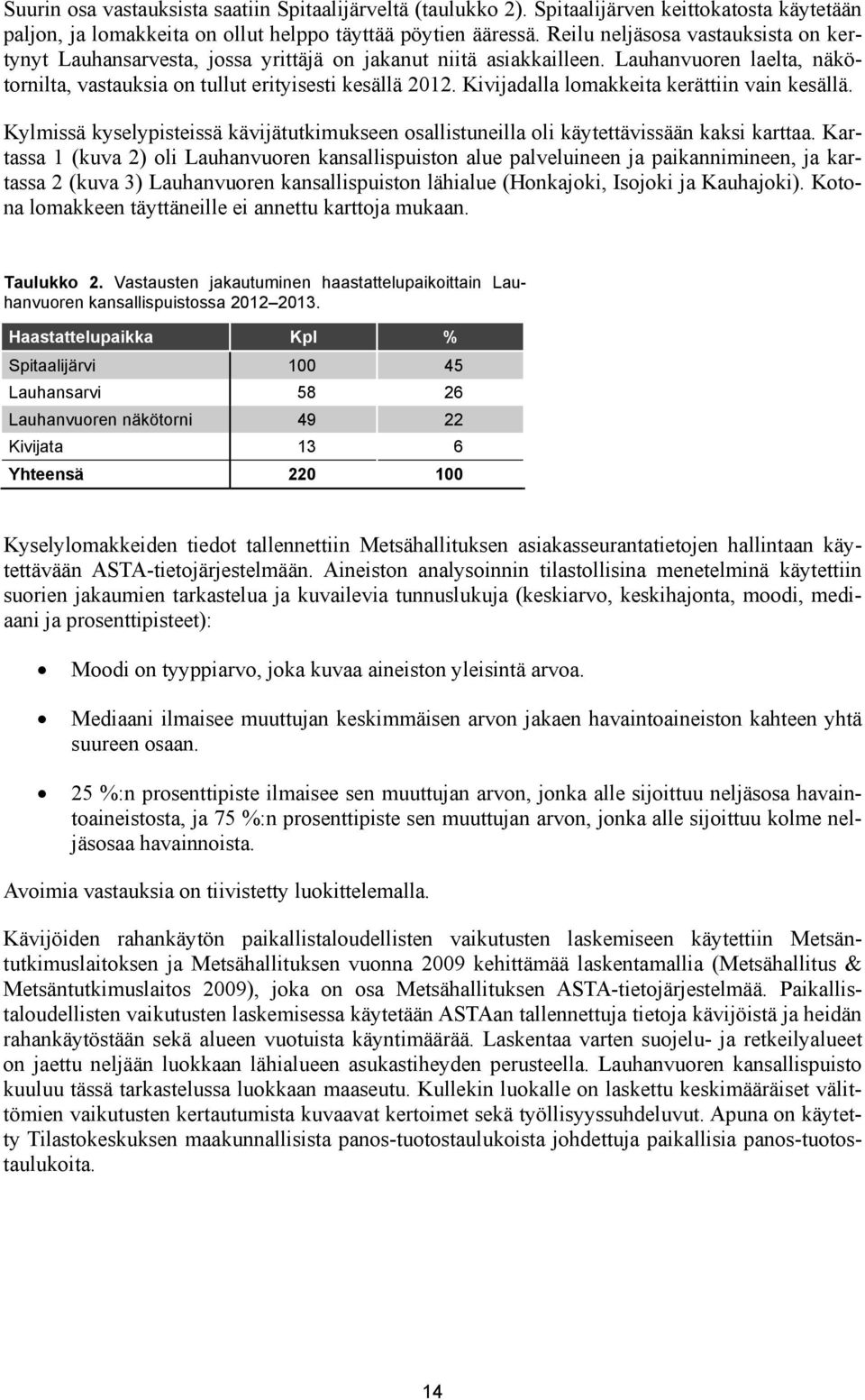 Kivijadalla lomakkeita kerättiin vain kesällä. Kylmissä kyselypisteissä kävijätutkimukseen osallistuneilla oli käytettävissään kaksi karttaa.