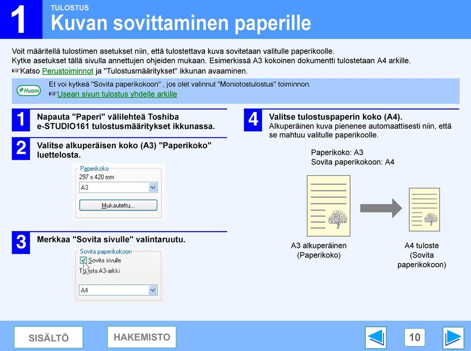 Et voi kytkeä "Sovita paperikokoon", jos olet valinnut "Moniotostulostus" toiminnon.