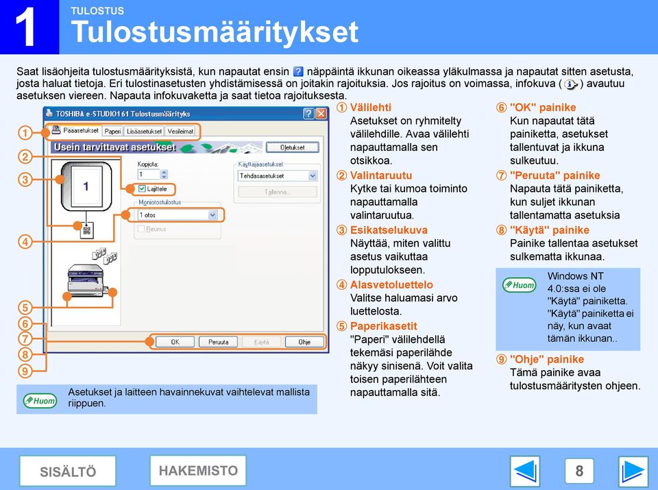 1 Välilehti 6 "OK" painike 1 Asetukset on ryhmitelty välilehdille. Avaa välilehti Kun napautat tätä painiketta, asetukset napauttamalla sen tallentuvat ja ikkuna otsikkoa. sulkeutuu.