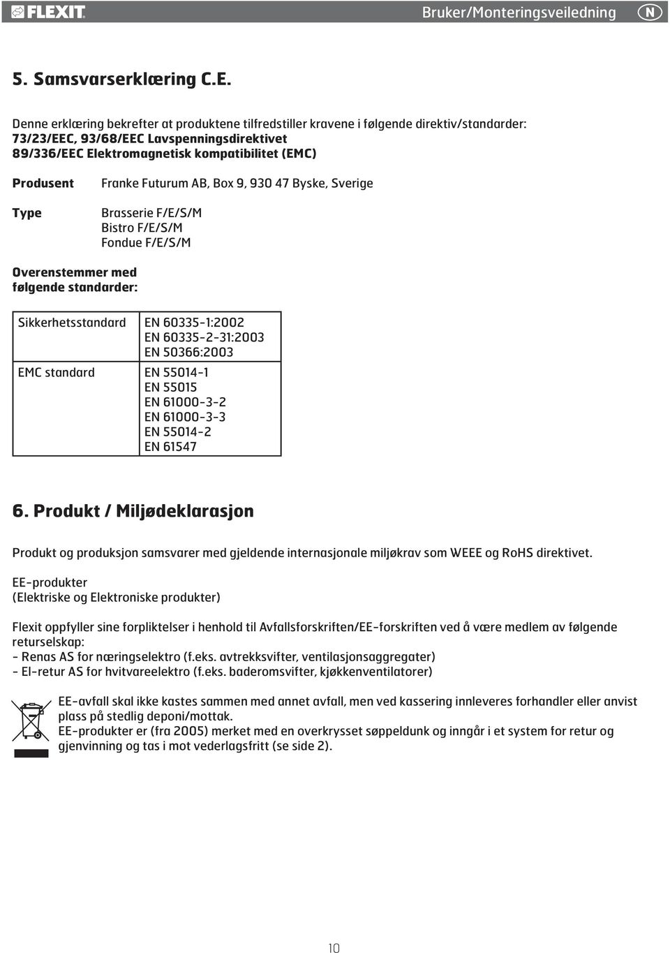 Franke Futurum AB, Box 9, 90 47 Byske, Sverige Brasserie F/E/S/M Bistro F/E/S/M Fondue F/E/S/M Overenstemmer med følgende standarder: Sikkerhetsstandard EN 605-:00 EN 605--:00 EN 5066:00 EMC standard
