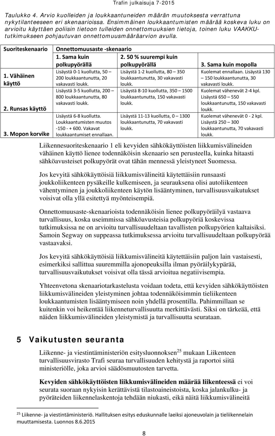 Suoriteskenaario 1. Vähäinen käyttö 2. Runsas käyttö 3. Mopon korvike Onnettomuusaste skenaario 1. Sama kuin polkupyörällä 2.