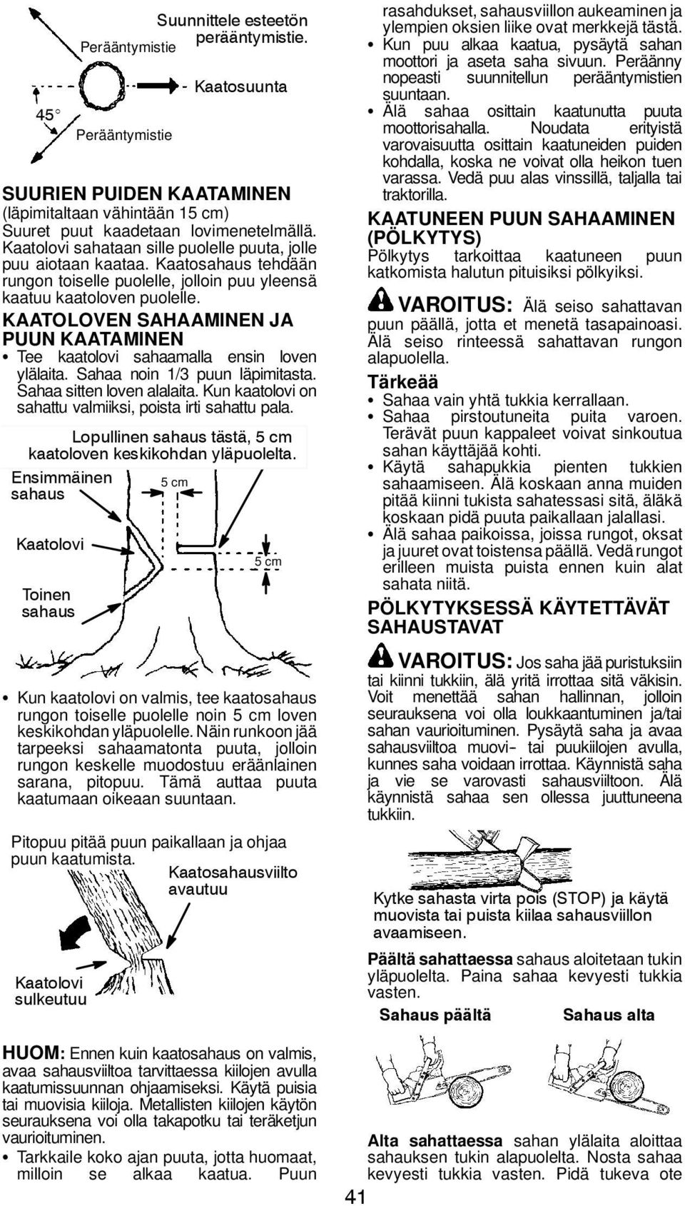 KAATOLOVEN SAHAAMINEN JA PUUN KAATAMINEN S Tee kaatolovi sahaamalla ensin loven ylälaita. Sahaa noin 1/3 puun läpimitasta. Sahaa sitten loven alalaita.