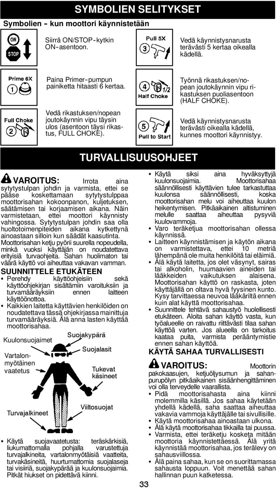 Työnnä rikastuksen/nopean joutokäynnin vipu rikastuksen puoliasentoon (HALF CHOKE). Vedä käynnistysnarusta terävästi oikealla kädellä, kunnes moottori käynnistyy.