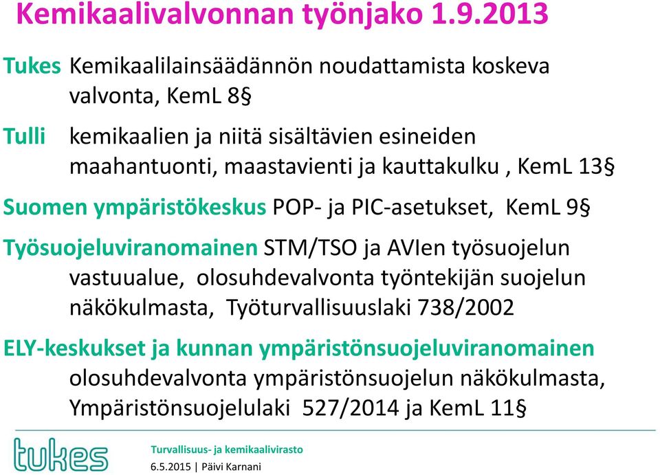 maastavienti ja kauttakulku, KemL 13 Suomen ympäristökeskus POP- ja PIC-asetukset, KemL 9 Työsuojeluviranomainen STM/TSO ja AVIen työsuojelun