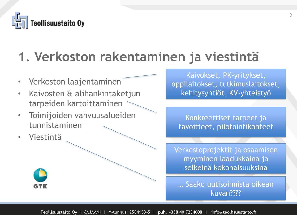 tutkimuslaitokset, kehitysyhtiöt, KV-yhteistyö Konkreettiset tarpeet ja tavoitteet, pilotointikohteet