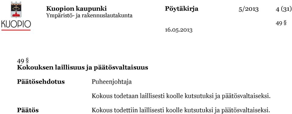 Kokous todetaan laillisesti koolle kutsutuksi ja