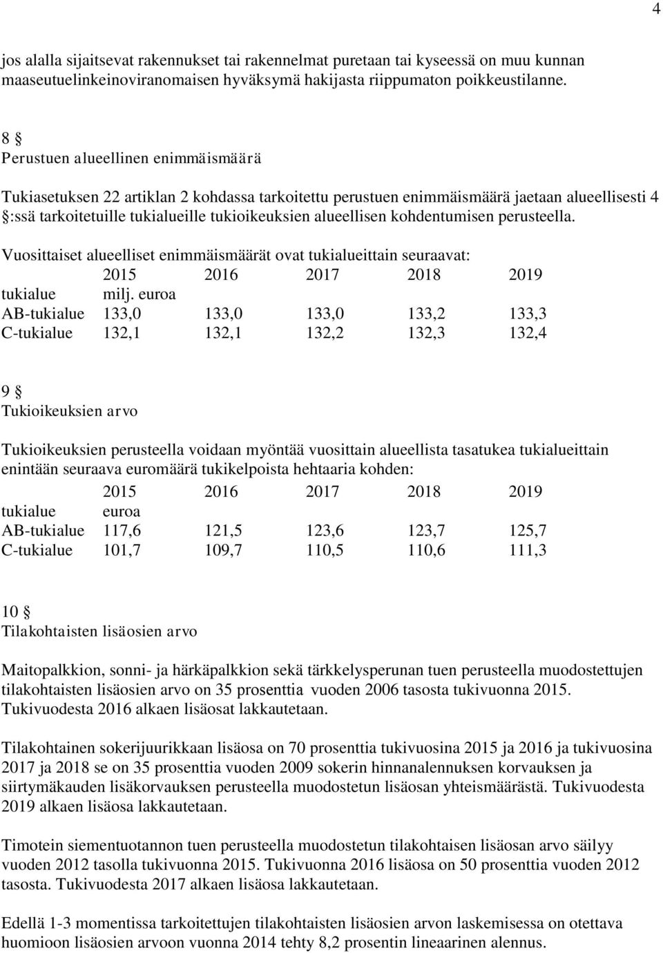 kohdentumisen perusteella. Vuosittaiset alueelliset enimmäismäärät ovat tukialueittain seuraavat: 2015 2016 2017 2018 2019 tukialue milj.