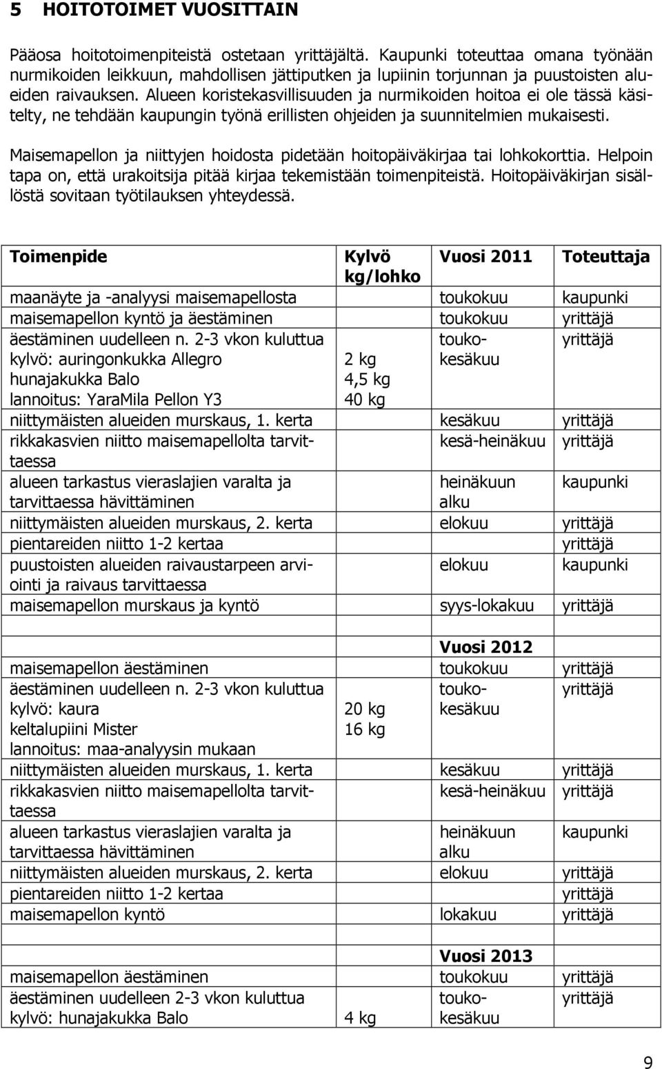 Alueen koristekasvillisuuden ja nurmikoiden hoitoa ei ole tässä käsitelty, ne tehdään kaupungin työnä erillisten ohjeiden ja suunnitelmien mukaisesti.