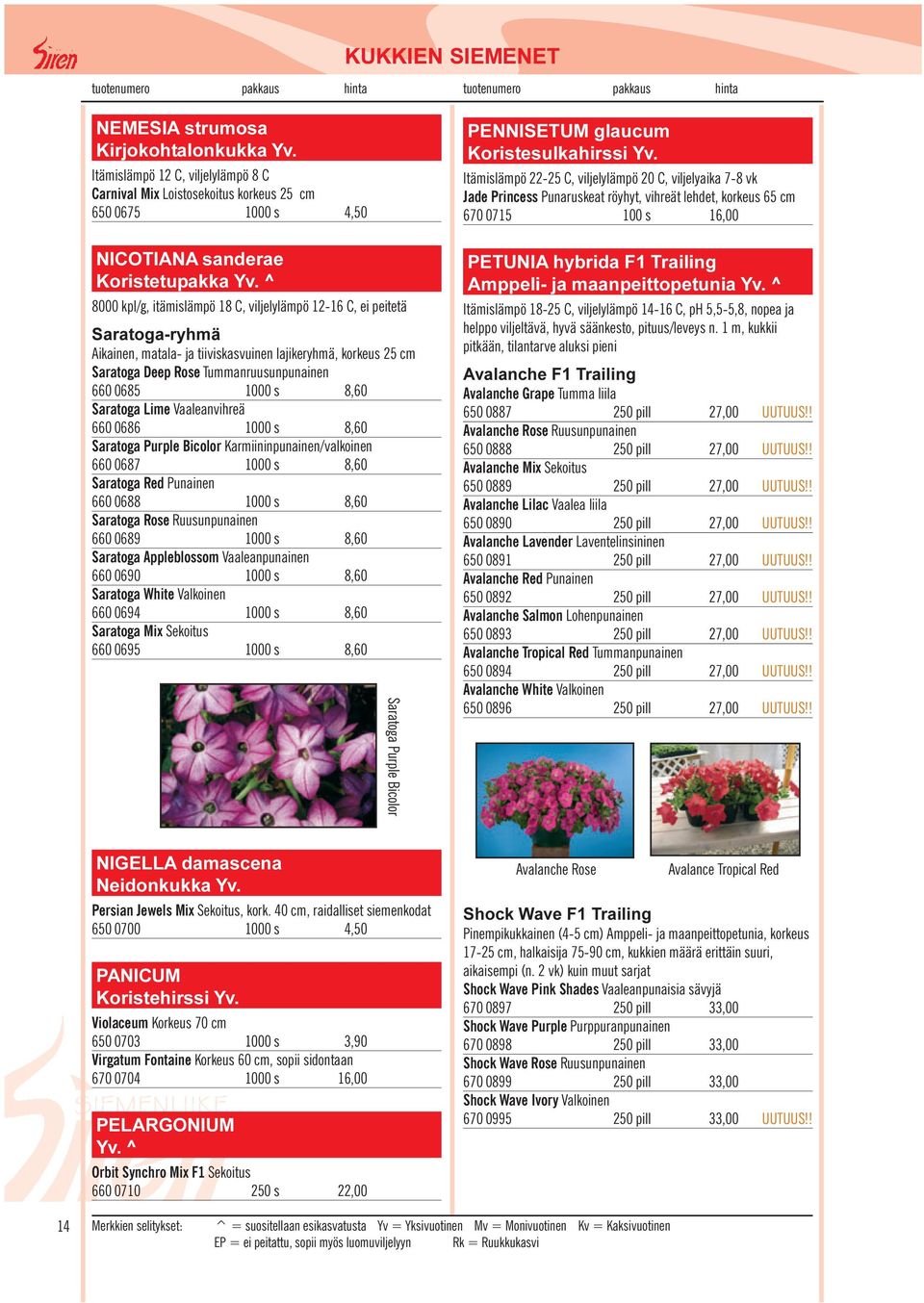 ^ 8000 kpl/g, itämislämpö 18 C, viljelylämpö 12-16 C, ei peitetä Saratoga-ryhmä Aikainen, matala- ja tiiviskasvuinen lajikeryhmä, korkeus 25 cm Saratoga Deep Rose Tummanruusunpunainen 660 0685 1000 s