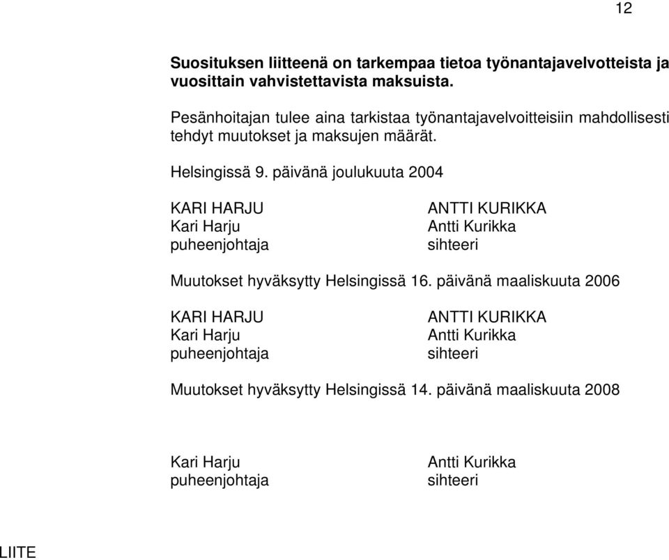 päivänä joulukuuta 2004 KARI HARJU Kari Harju puheenjohtaja ANTTI KURIKKA Antti Kurikka sihteeri Muutokset hyväksytty Helsingissä 16.