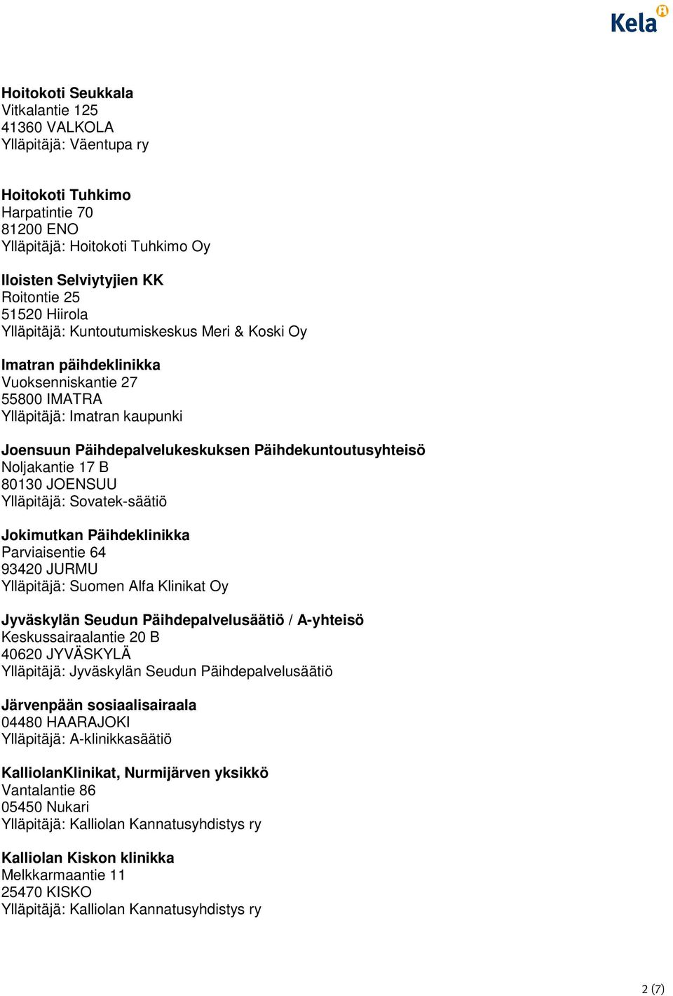 Noljakantie 17 B 80130 JOENSUU Ylläpitäjä: Sovatek-säätiö Jokimutkan Päihdeklinikka Parviaisentie 64 93420 JURMU Ylläpitäjä: Suomen Alfa Klinikat Oy Jyväskylän Seudun Päihdepalvelusäätiö / A-yhteisö