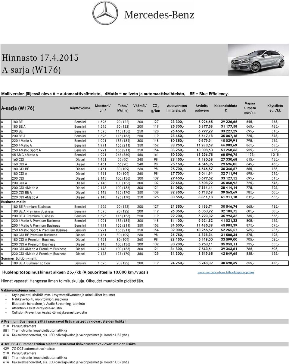 Arvioitu autovero Kokonaishinta Vapaa autoetu eur/kk Käyttöetu eur/kk A 180 BE Bensiini 1 595 90 (122) 200 127 23 300,- 5 926,65 29 226,65 645,- 465,- A 180 BE A Bensiini 1 595 90 (122) 200 119 25