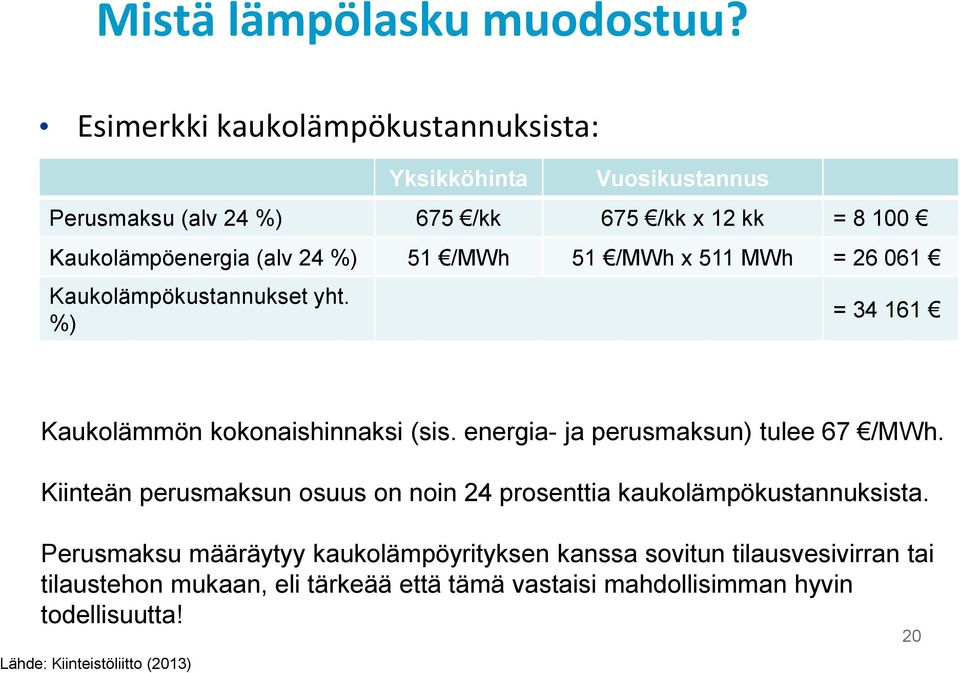 /MWh 51 /MWh x 511 MWh = 26 061 Kaukolämpökustannukset yht. %) = 34 161 Kaukolämmön kokonaishinnaksi (sis. energia- ja perusmaksun) tulee 67 /MWh.