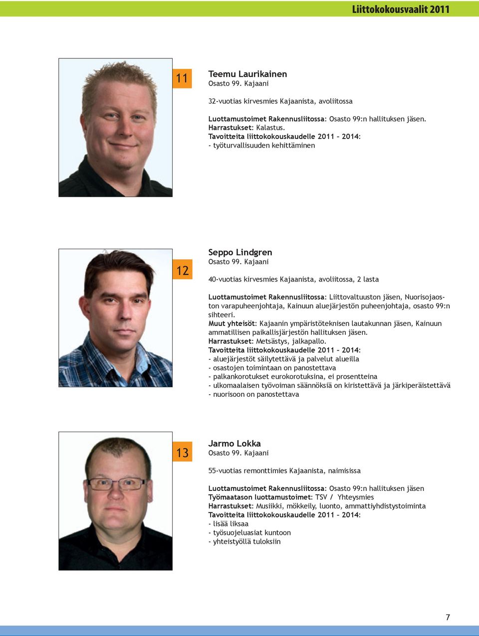 Kainuun aluejärjestön puheenjohtaja, osasto 99:n sihteeri. Muut yhteisöt: Kajaanin ympäristöteknisen lautakunnan jäsen, Kainuun ammatillisen paikallisjärjestön hallituksen jäsen.