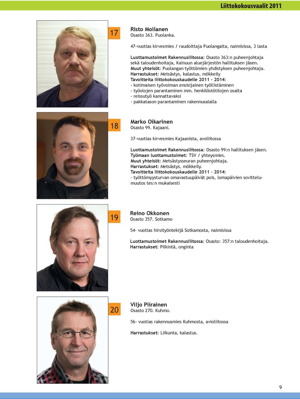 Muut yhteisöt: Puolangan työttömien yhdistyksen puheenjohtaja. Harrastukset: Metsästys, kalastus, mökkeily - kotimaisen työvoiman ensisijainen työllistäminen - työolojen parantaminen mm.