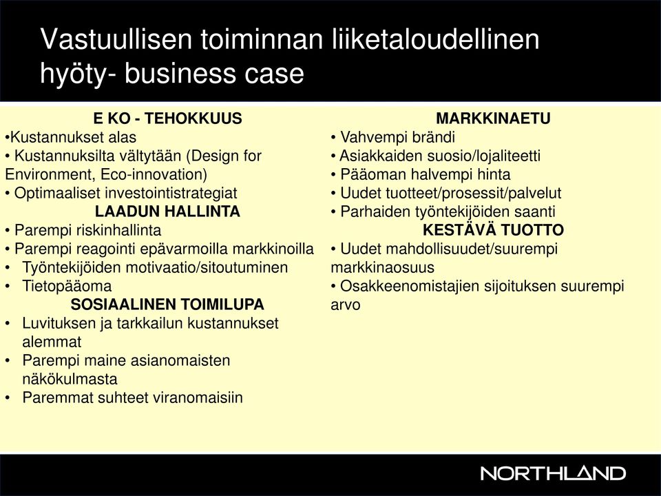 Luvituksen ja tarkkailun kustannukset alemmat Parempi maine asianomaisten näkökulmasta Paremmat suhteet viranomaisiin MARKKINAETU Vahvempi brändi Asiakkaiden suosio/lojaliteetti