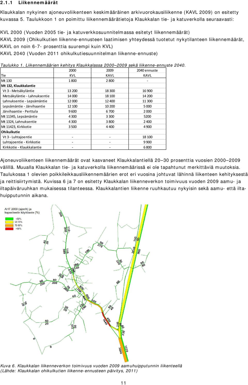 liikenne-ennusteen laatimisen yhteydessä tuotetut nykytilanteen liikennemäärät, KAVL on noin 6-7- prosenttia suurempi kuin KVL) KAVL 2040 (Vuoden 2011 ohikulkutiesuunnitelman liikenne-ennuste)