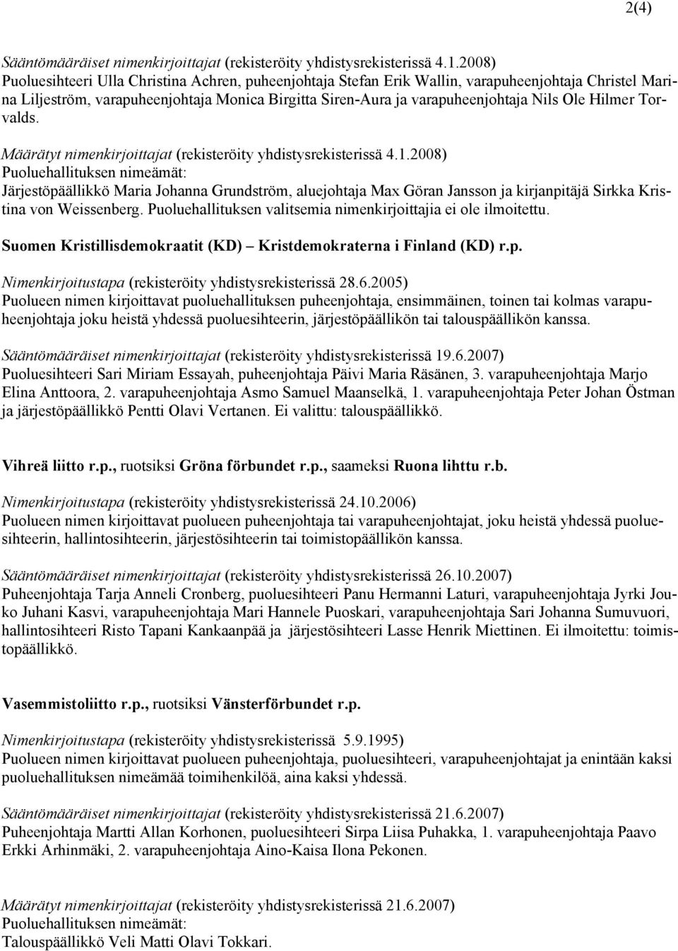 Hilmer Torvalds. Määrätyt nimenkirjoittajat (rekisteröity yhdistysrekisterissä 4.1.